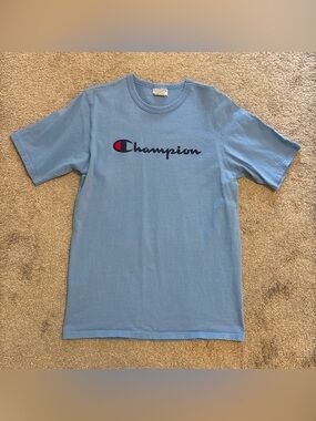 Large Champion Short-Sleeve Logo Tee in Light Blue with Navy & Red Accent